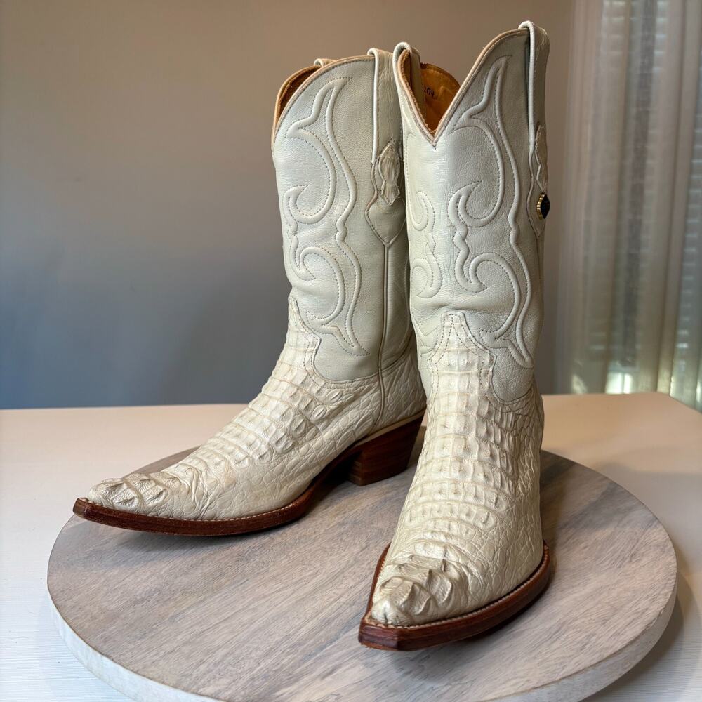 Los Altos Boots Men's White Caiman Crocodile Leather Cowboy Boots US Size 7 M 7M